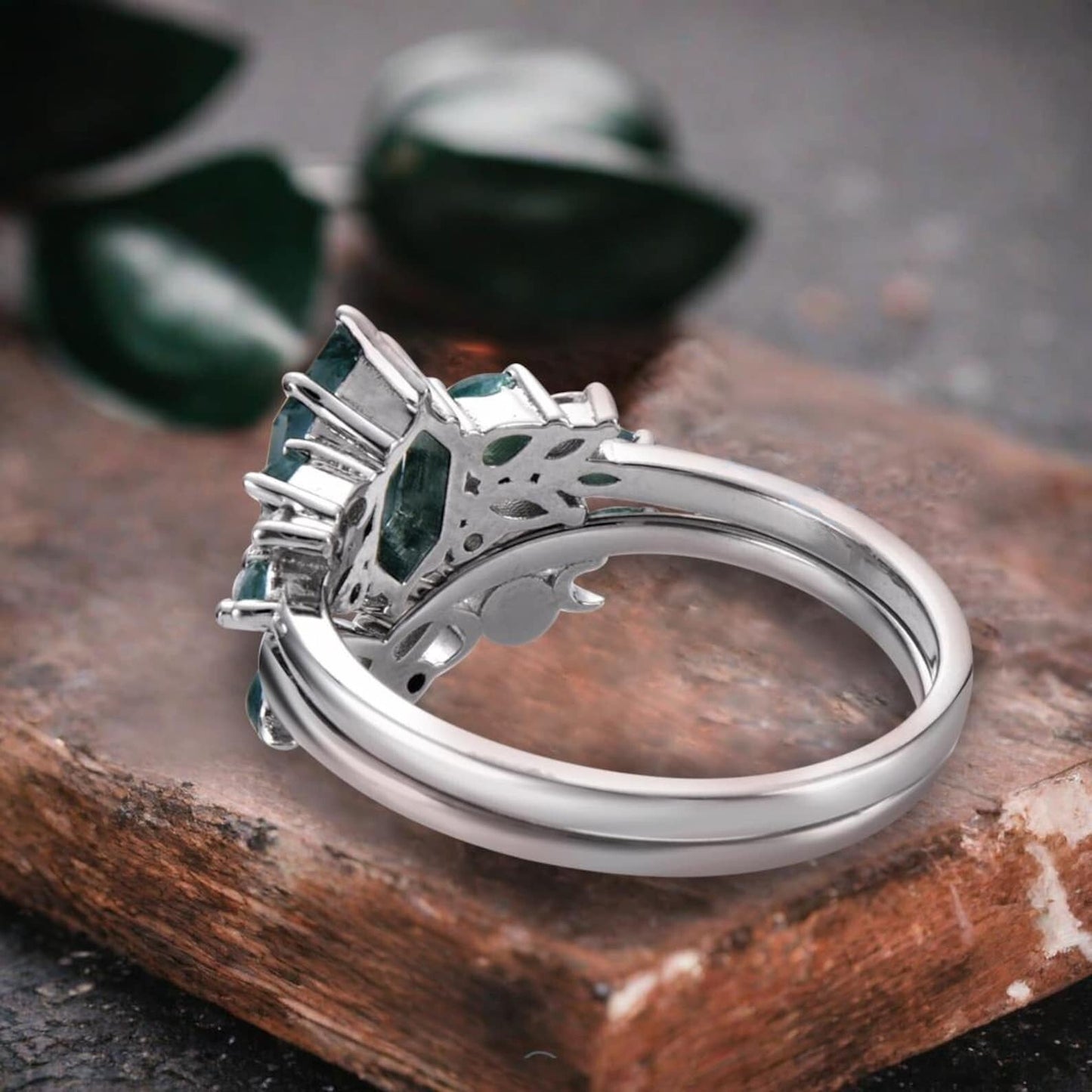 Einzigartiger Hexagon Moosachat Ring Art Deco Ehering Set