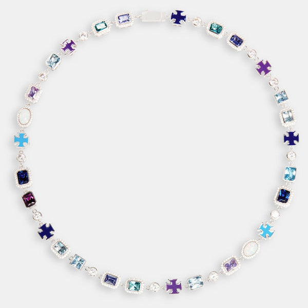 Blaue Halskette mit mehreren Edelsteinmotiven