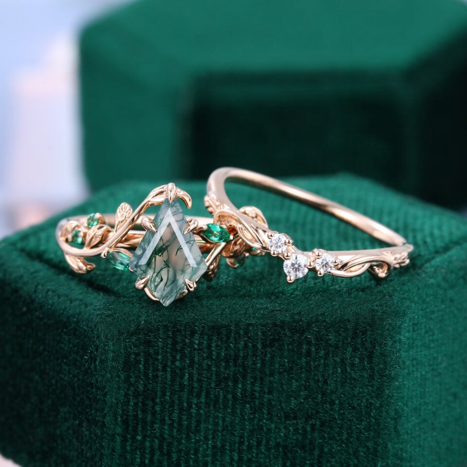 Kite Cut Moosachat Brautring Set Natur inspiriertes Blattring Set