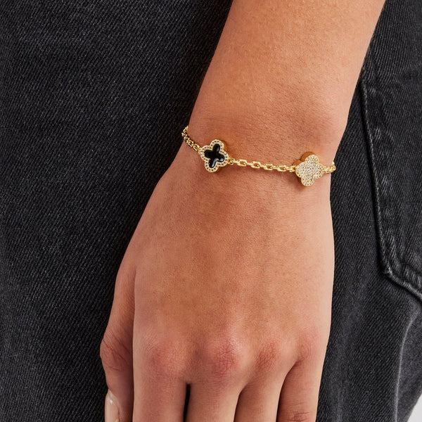 Armband mit Rolo-Gliedern und Edelsteinen aus Eis- und schwarzem Emaille