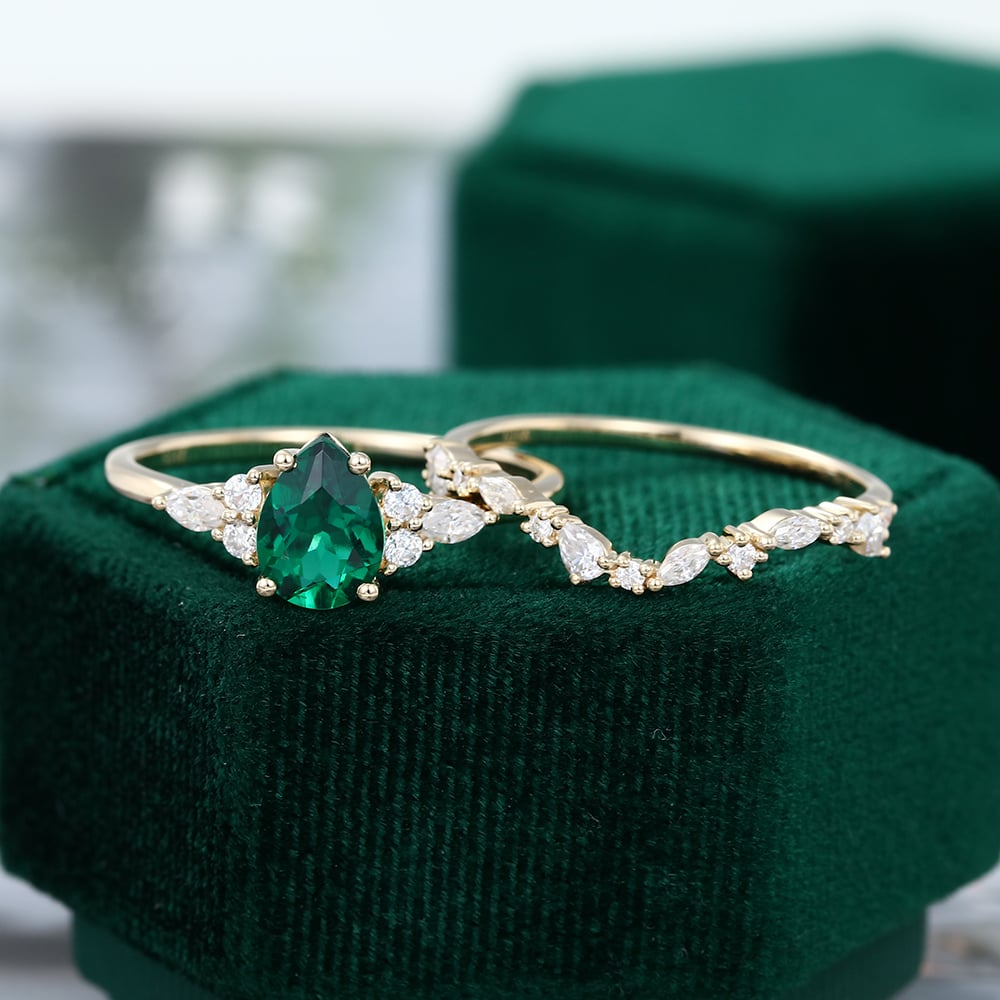 Birnenförmiger Lab Smaragd Verlobungsring Einzigartiges Braut-Hochzeitsset