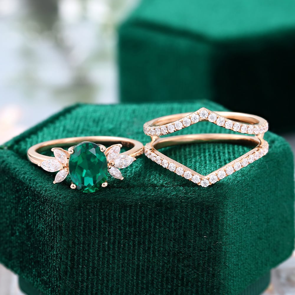 Brautring-Set aus Roségold, 6 x 8 mm, ovaler Smaragdschliff