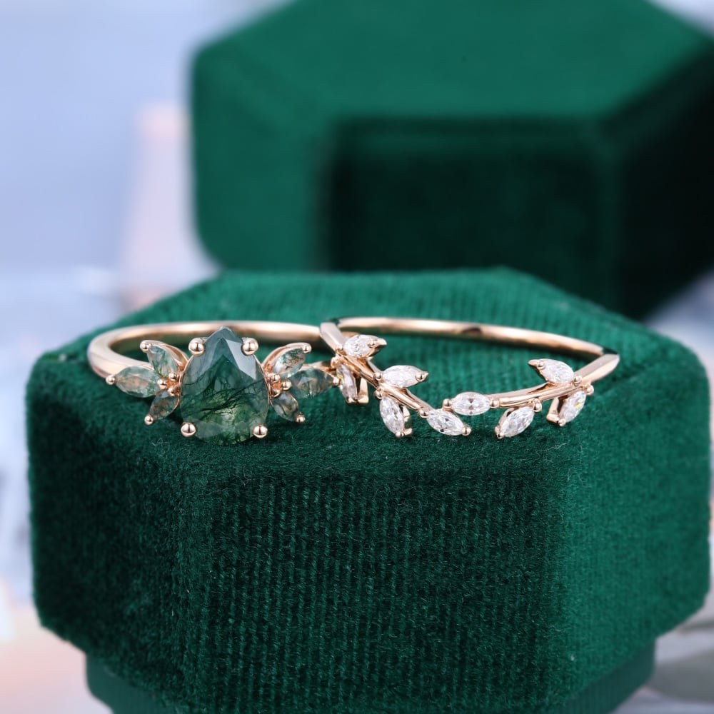 Birnenschliff Moosachat und Moissanit Ehering Set Natur inspiriertes Brautring Set