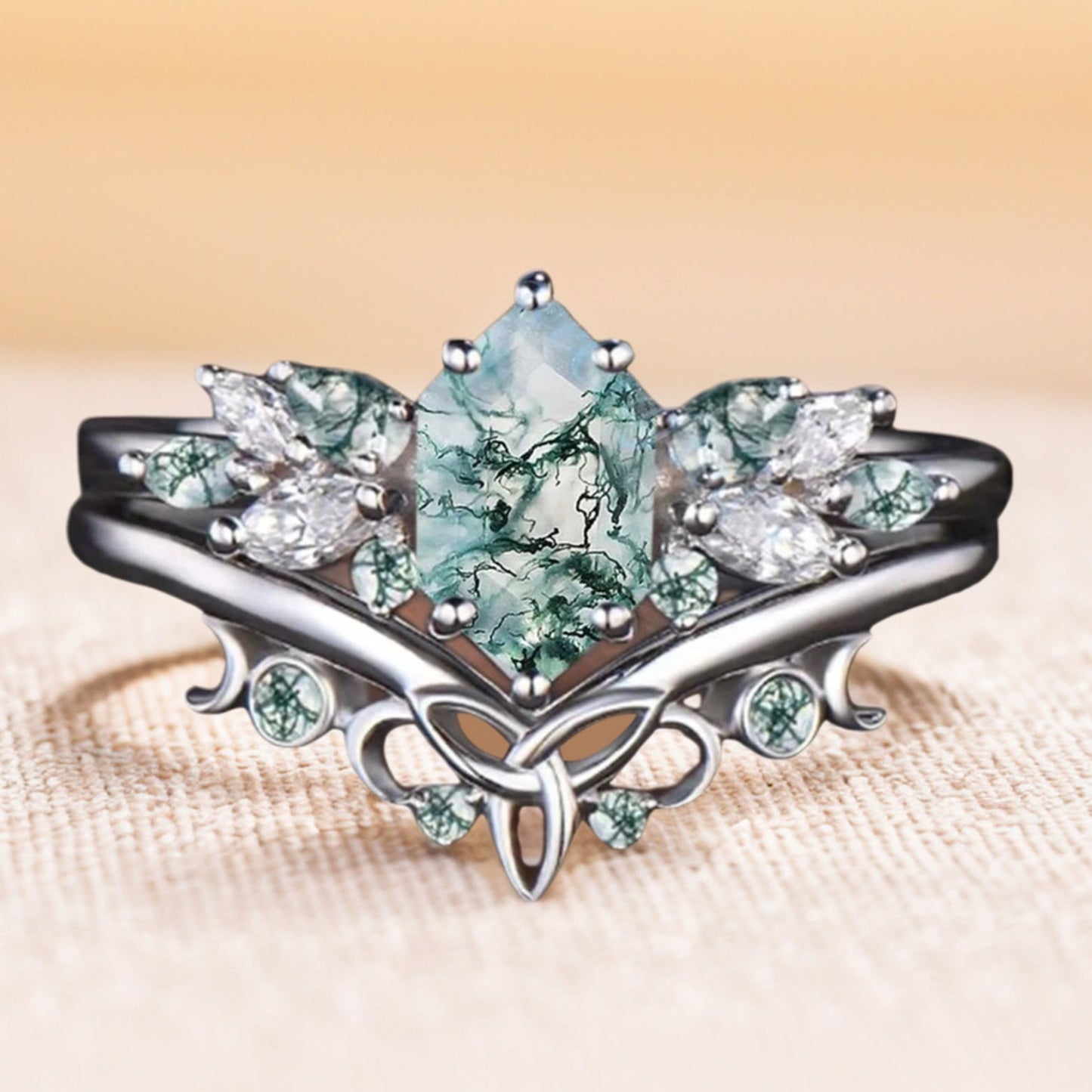 Einzigartiger Hexagon Moosachat Ring Art Deco Ehering Set