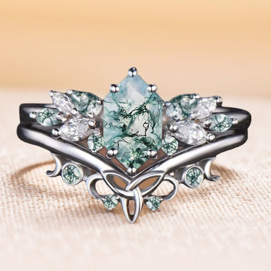 Einzigartiger Hexagon Moosachat Ring Art Deco Ehering Set