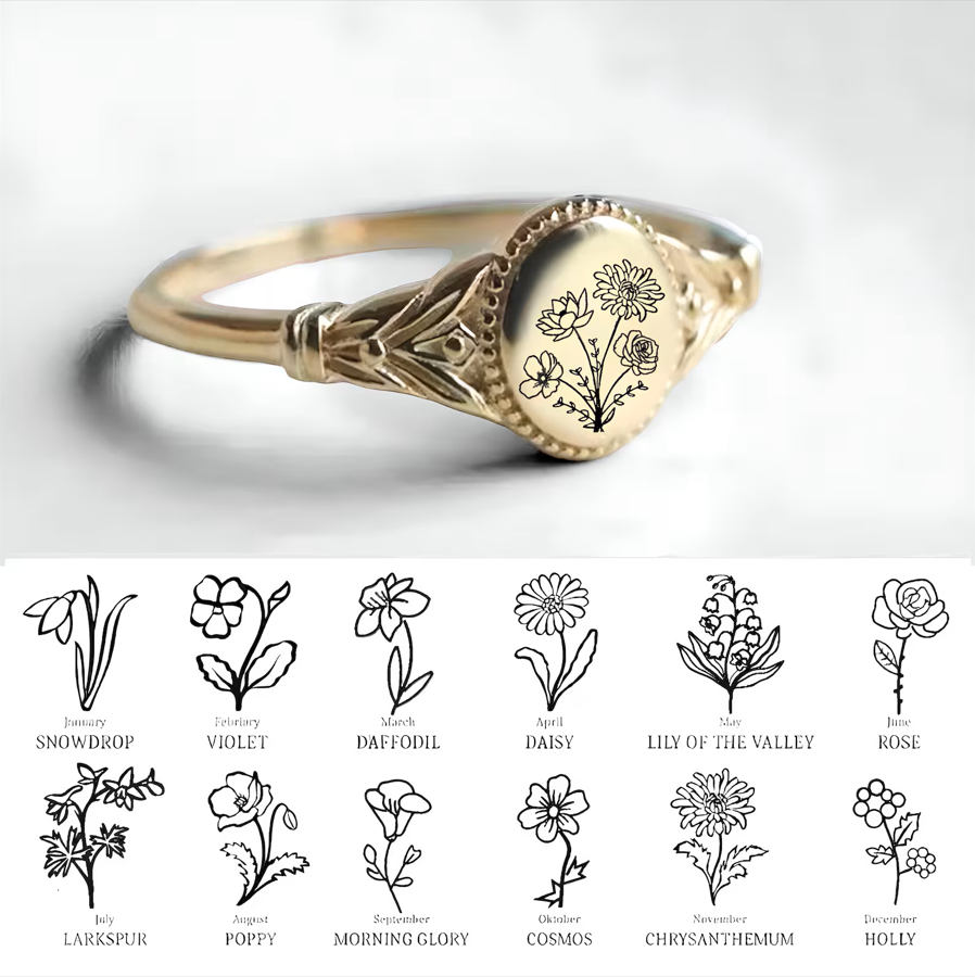 Personalisierte Blumenringe mit den 12 Geburtsmonaten