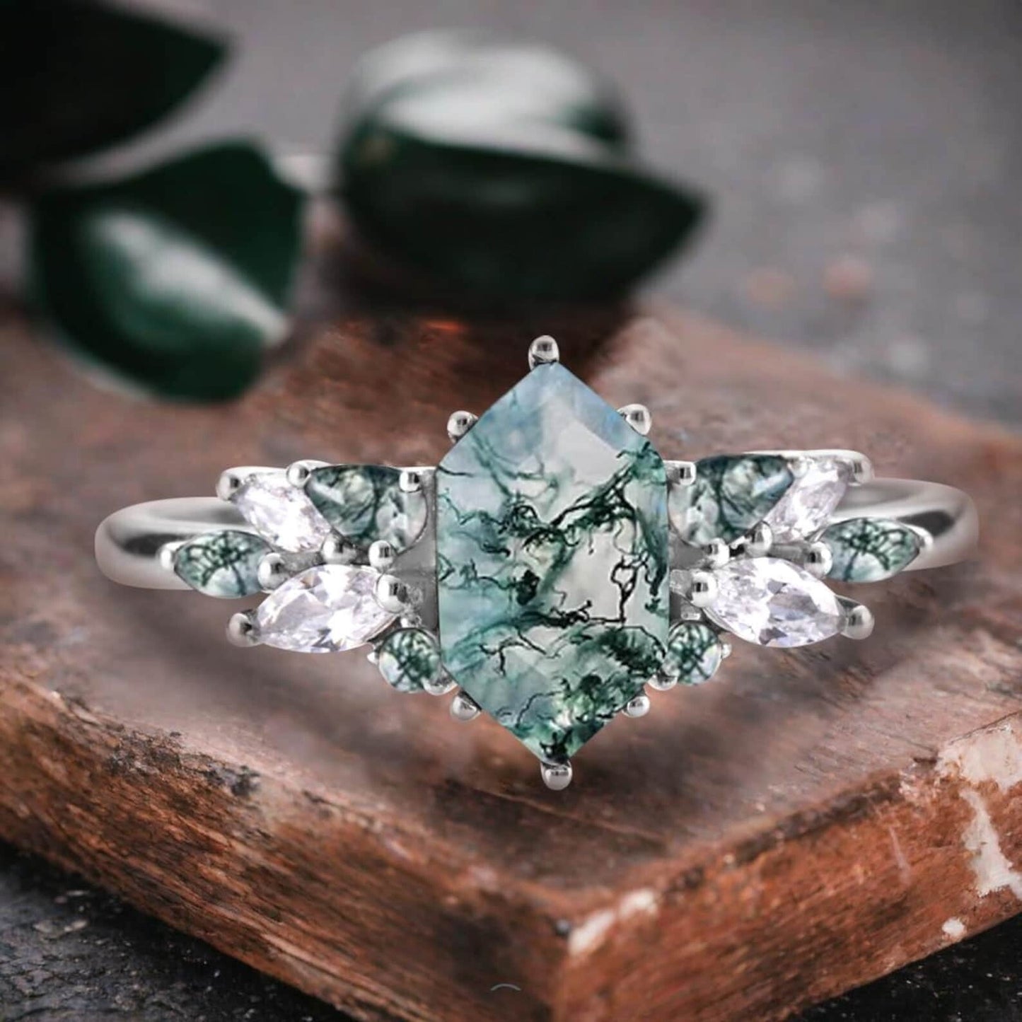 Einzigartiger Hexagon Moosachat Ring Art Deco Ehering Set