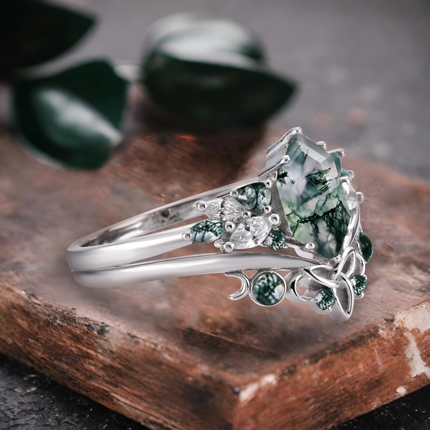 Einzigartiger Hexagon Moosachat Ring Art Deco Ehering Set