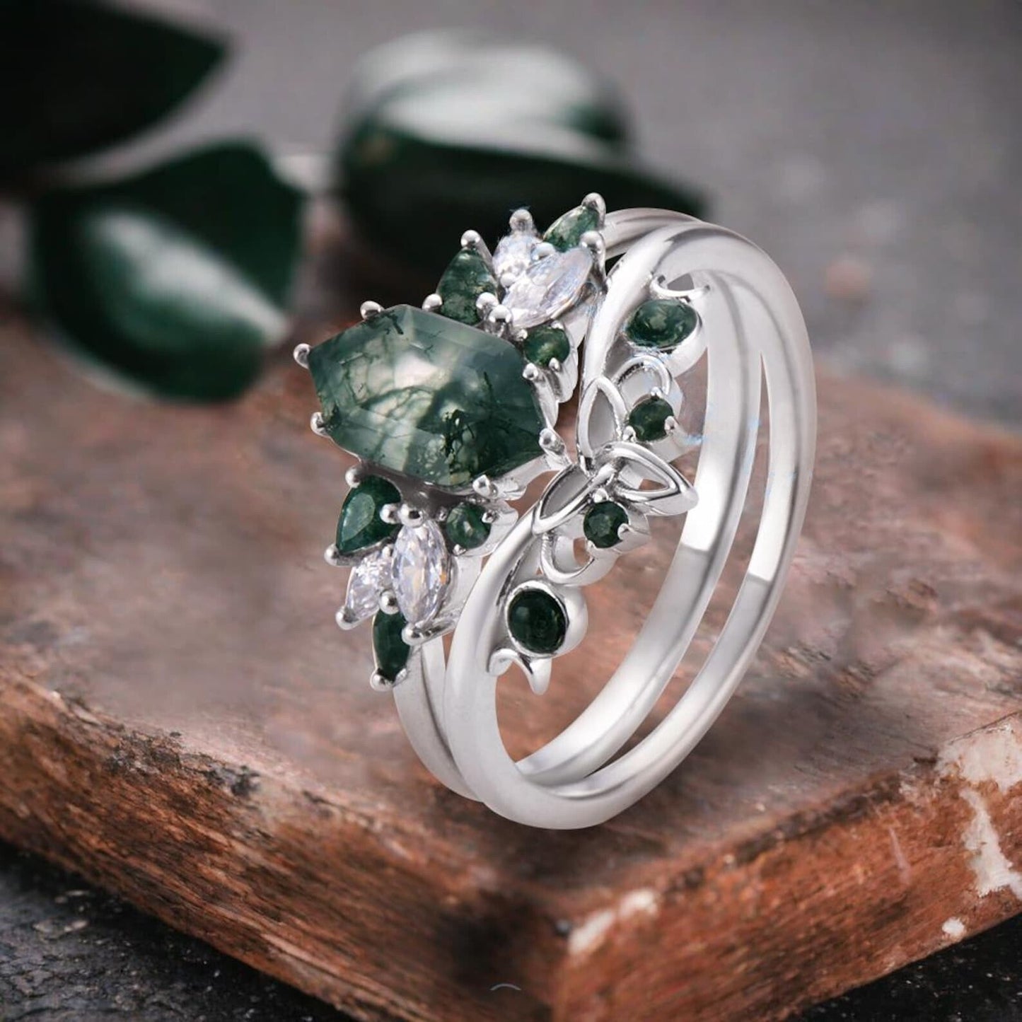 Einzigartiger Hexagon Moosachat Ring Art Deco Ehering Set
