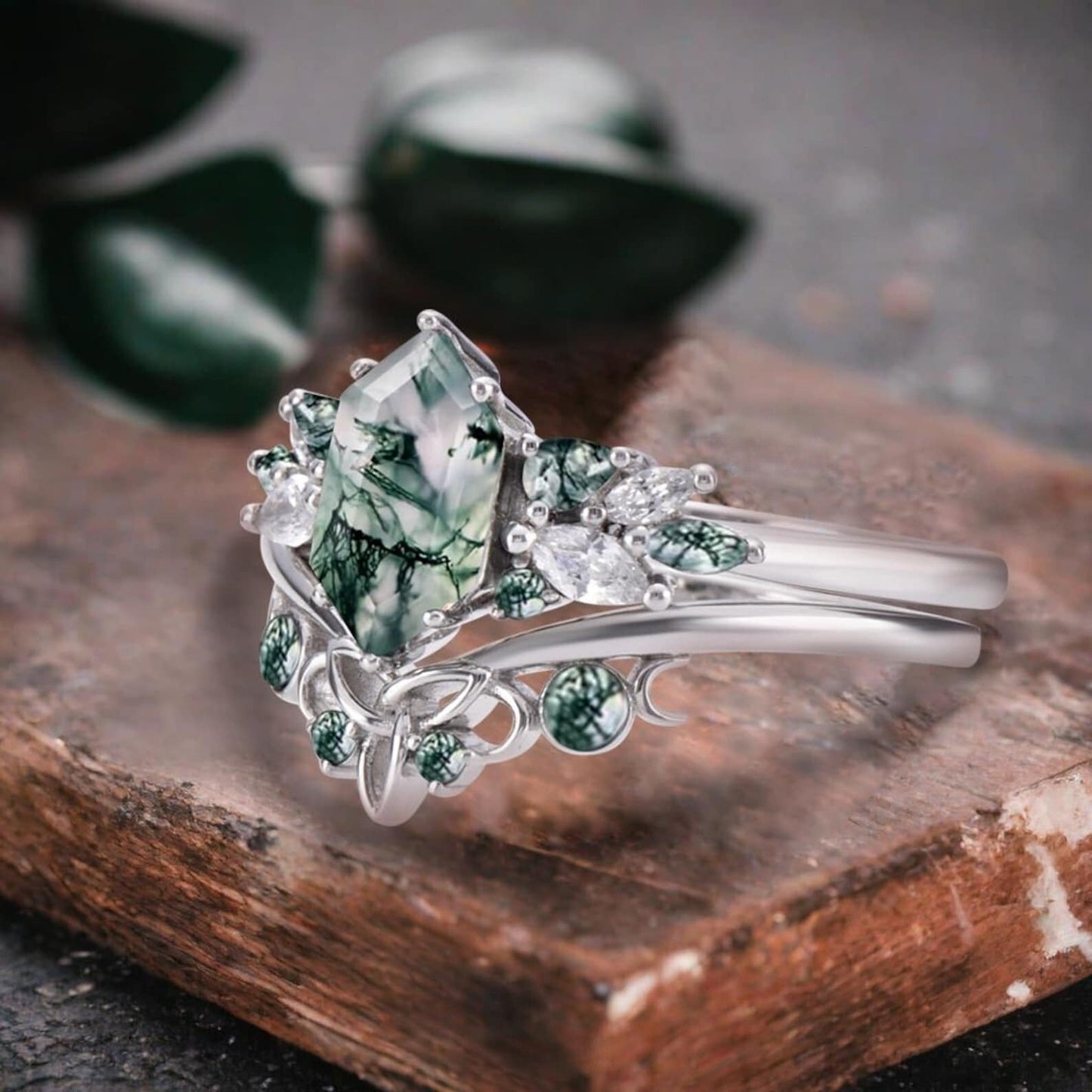 Einzigartiger Hexagon Moosachat Ring Art Deco Ehering Set