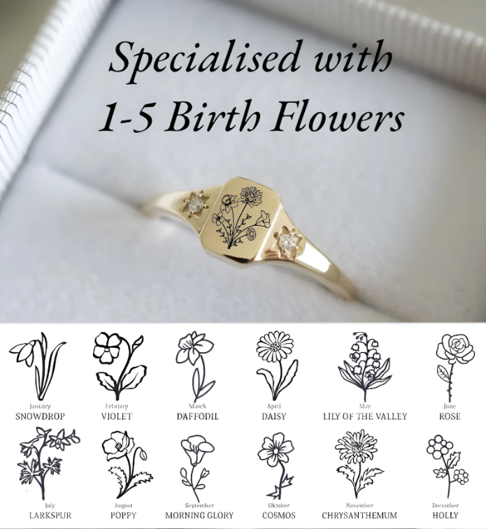 Personalisierter quadratischer Geburtsblumenring für Damen