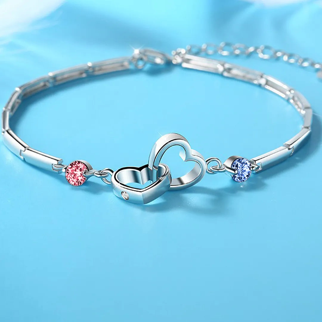 S925 Mutter & Tochter Geburtssteine benutzerdefinierte Doppel Diamant Doppel Herz Armband