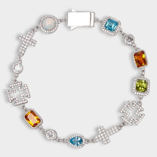 Armband mit mehreren Edelsteinen und Kreuz