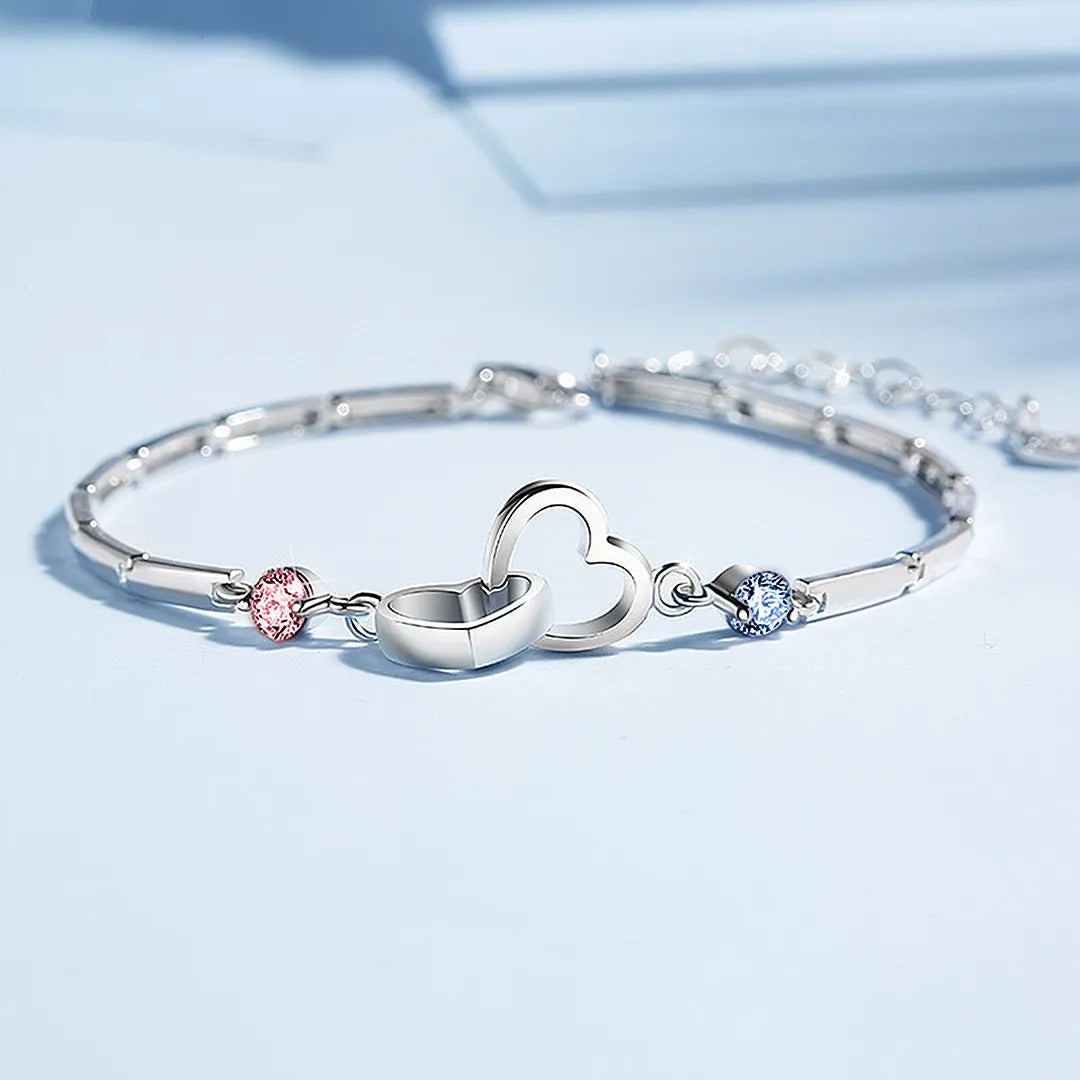 S925 Mutter & Tochter Geburtssteine benutzerdefinierte Doppel Diamant Doppel Herz Armband