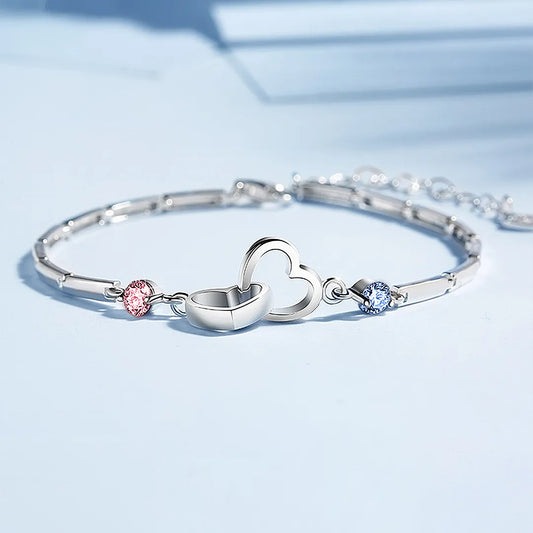 S925 Mutter & Tochter Geburtssteine benutzerdefinierte Doppel Diamant Doppel Herz Armband