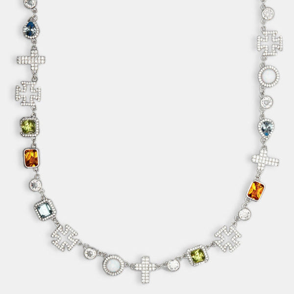 Halskette mit mehreren Edelsteinen und Kreuz