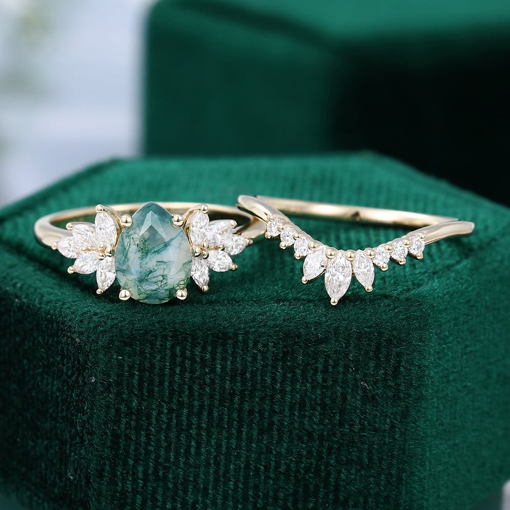 Birnenförmiges Moosachat-Gold-Verlobungsring-Set