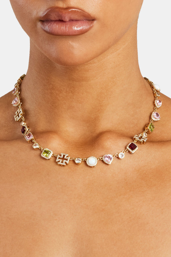 Halskette mit mehreren Edelsteinen und Herz in Rosa