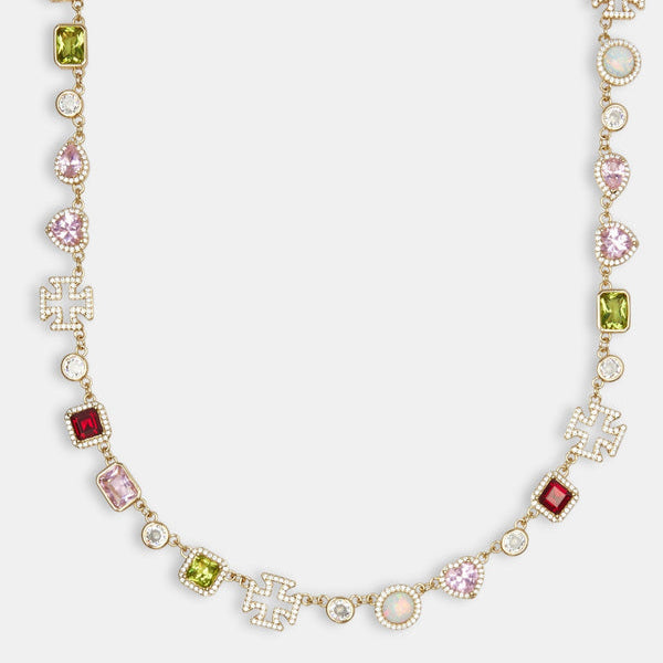 Halskette mit mehreren Edelsteinen und Herz in Rosa